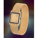 A FINE & RARE GENTLEMAN'S SIZE 18K SOLID GOLD & SAPPHIRE BOUCHERON PARIS CARREE BRACELET WATCH CIRCA