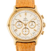 A GENTLEMAN'S SIZE 18K SOLID GOLD EBEL 1911 AUTOMATIC CHRONOGRAPH WRIST WATCH CIRCA 1980s, REF.