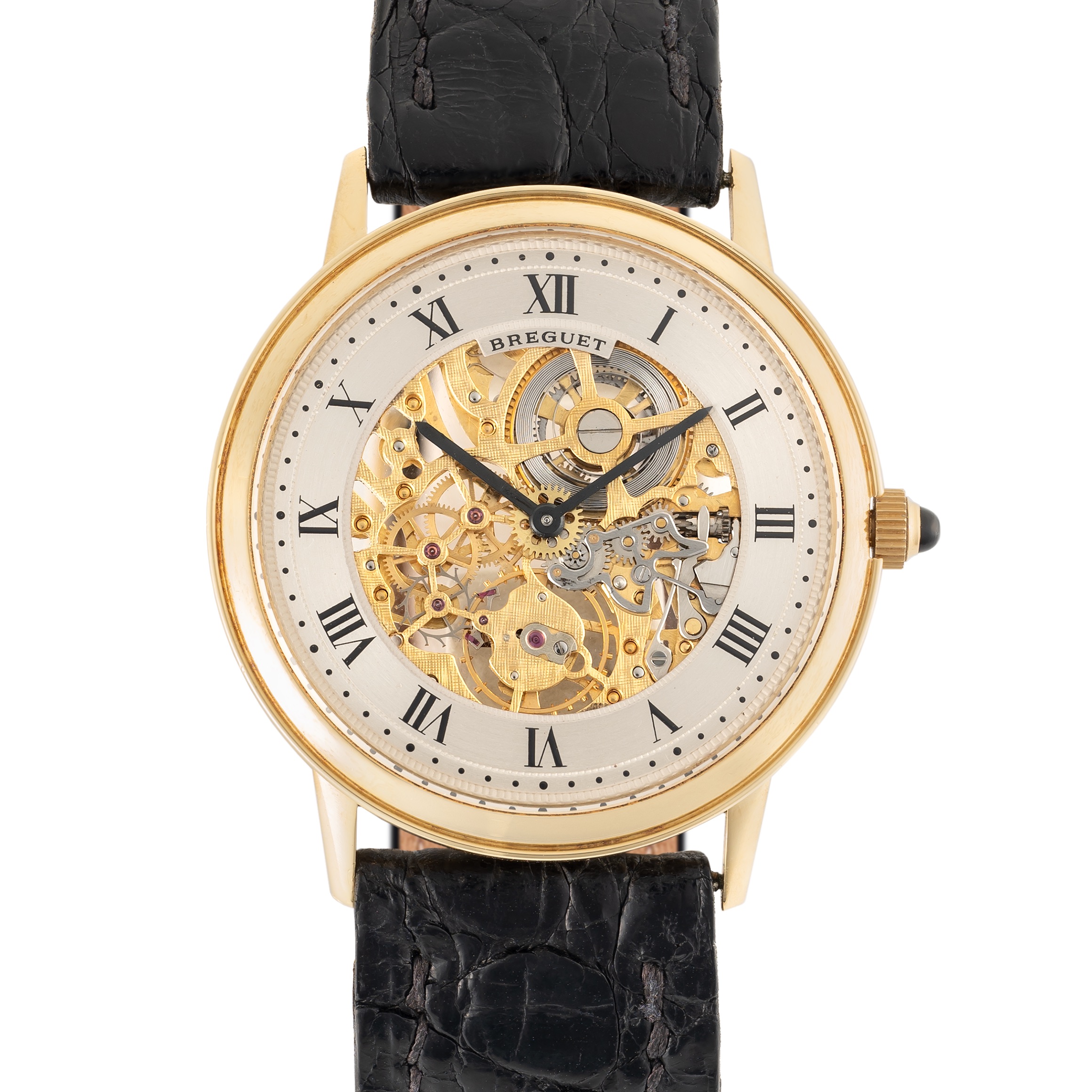 A VERY RARE GENTLEMAN'S SIZE 18K SOLID GOLD BREGUET CLASSIQUE EXTRA PLAT SKELETONISED WRIST WATCH - Image 9 of 9