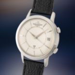 A GENTLEMAN'S SIZE STAINLESS STEEL JAEGER LECOULTRE MEMOVOX AUTOMATIC ALARM WRIST WATCH CIRCA 1960,