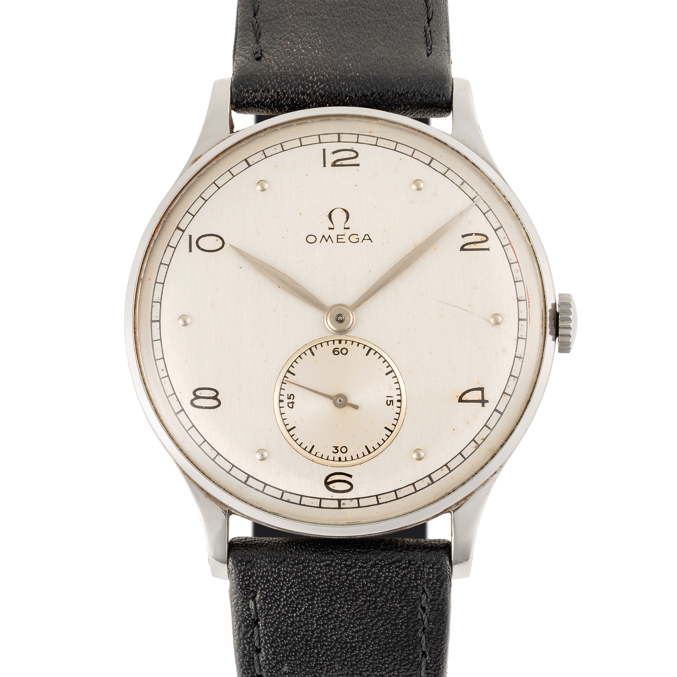 A GENTLEMAN'S SIZE STAINLESS STEEL OMEGA WRIST WATCH CIRCA 1940s, REF. 2340/1 Movement: 15J,