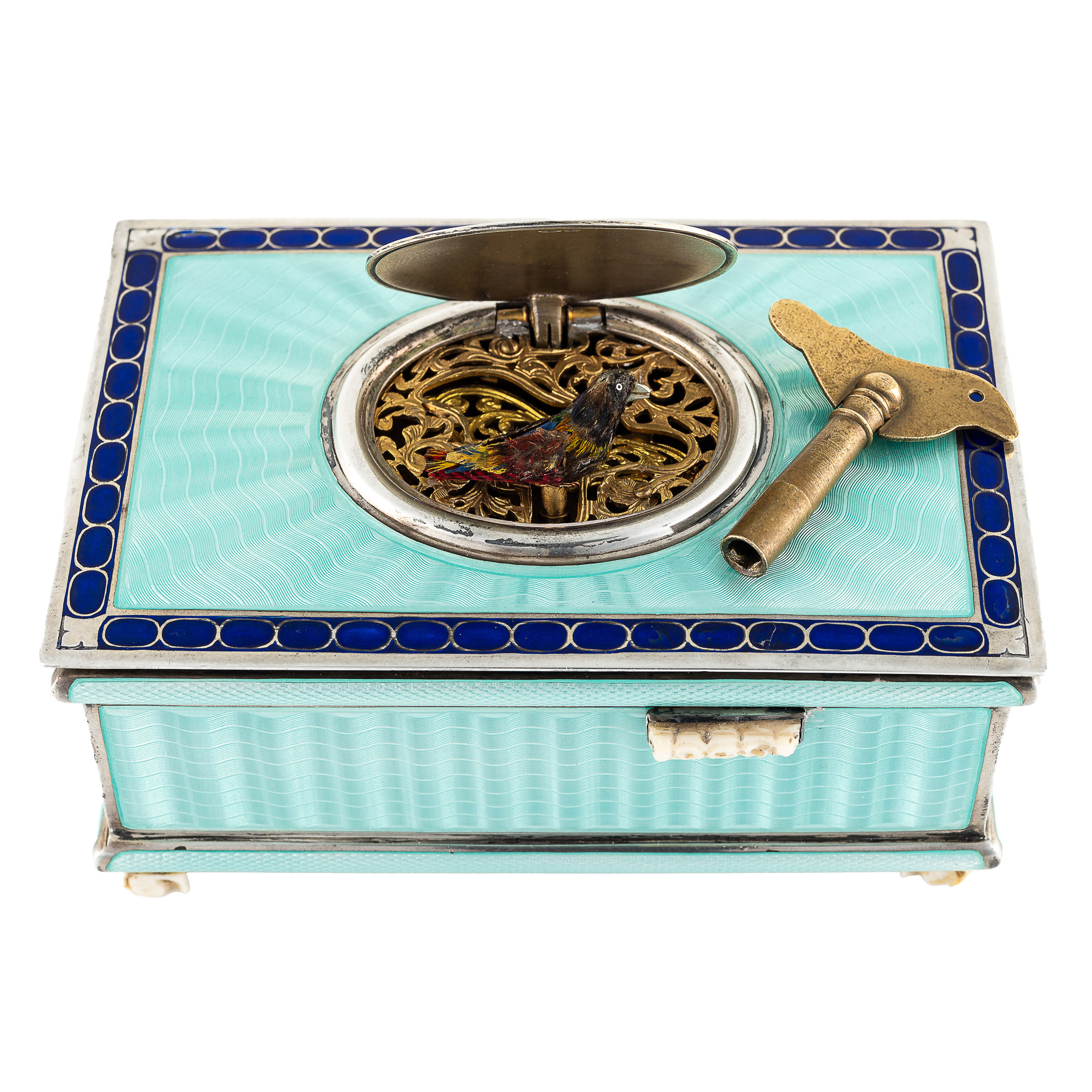 A RARE SOLID SILVER & GUILLOCHE ENAMEL MUSICAL SINGING BIRD BOX  CIRCA 1930 (SLIDING START/STOP