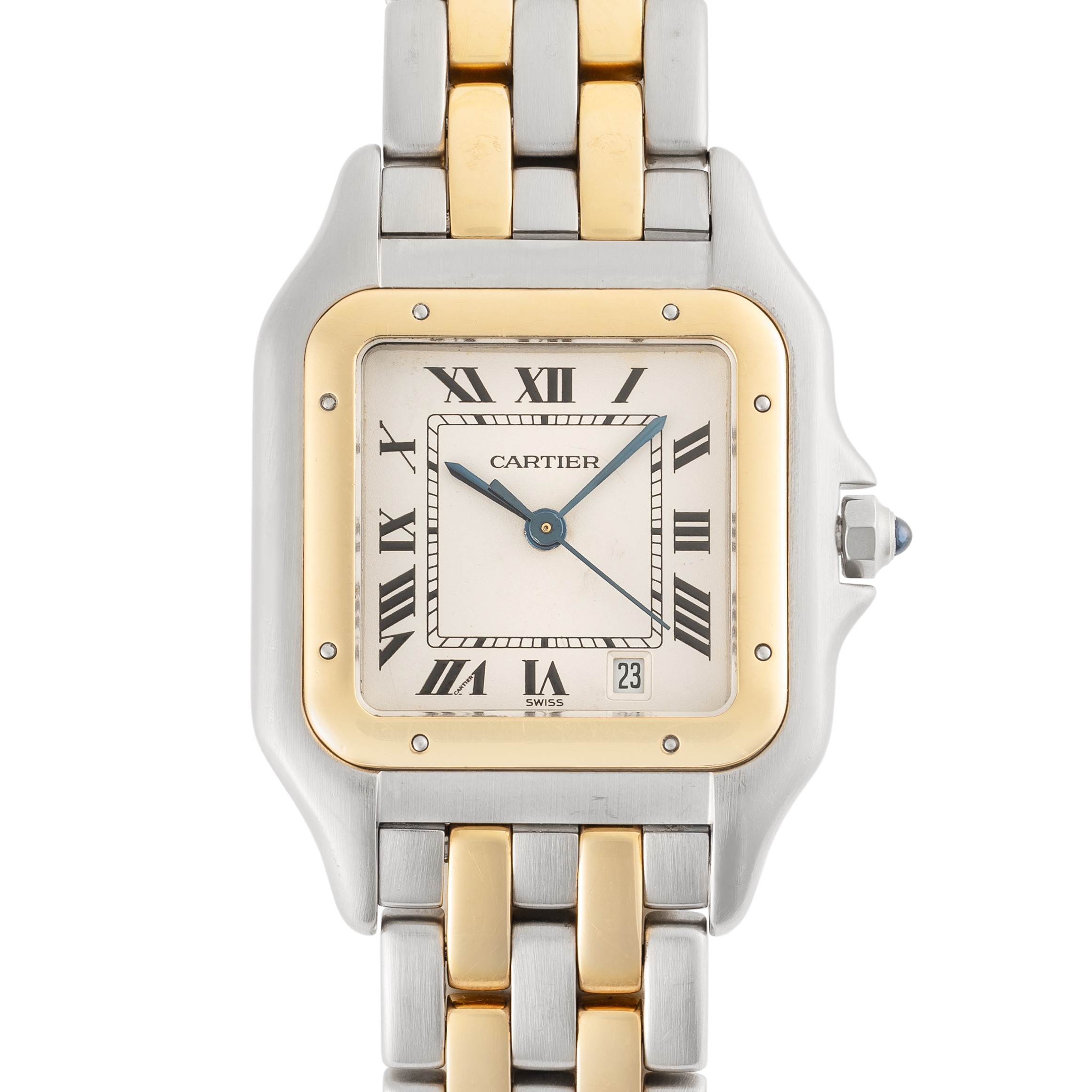 A GENTLEMAN'S SIZE STEEL & GOLD CARTIER PANTHERE TWO ROW BRACELET WATCH CIRCA 1980s, REF. 83949