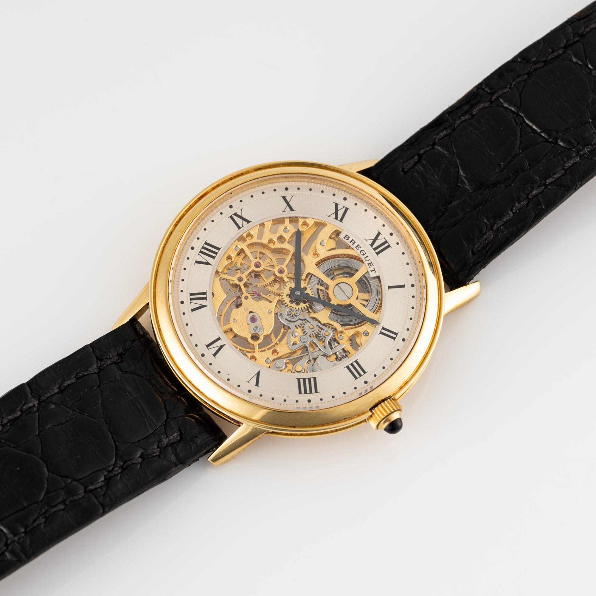 A VERY RARE GENTLEMAN'S SIZE 18K SOLID GOLD BREGUET CLASSIQUE EXTRA PLAT SKELETONISED WRIST WATCH - Image 5 of 9