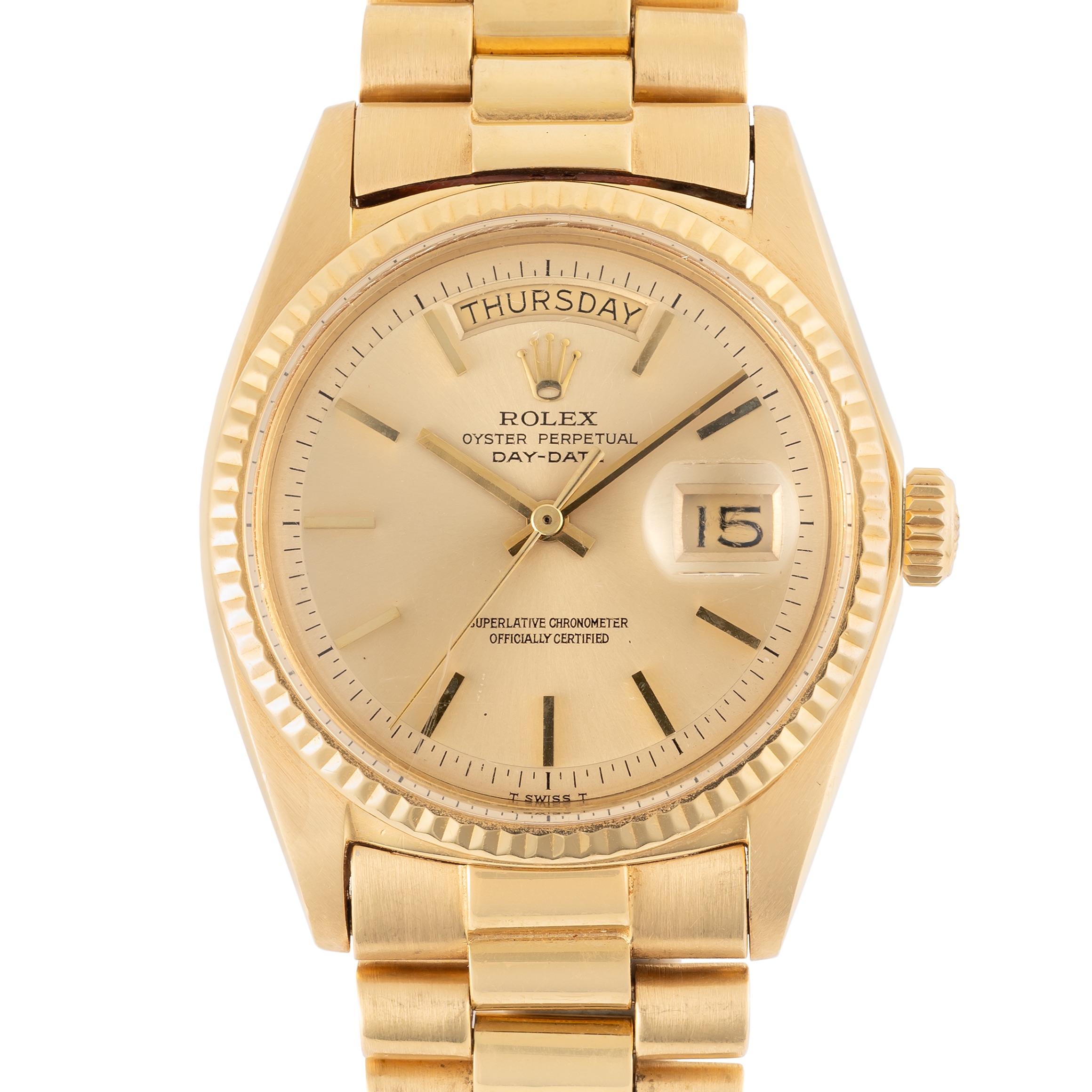 A GENTLEMAN'S SIZE 18K SOLID YELLOW GOLD ROLEX OYSTER PERPETUAL DAY DATE BRACELET WATCH CIRCA