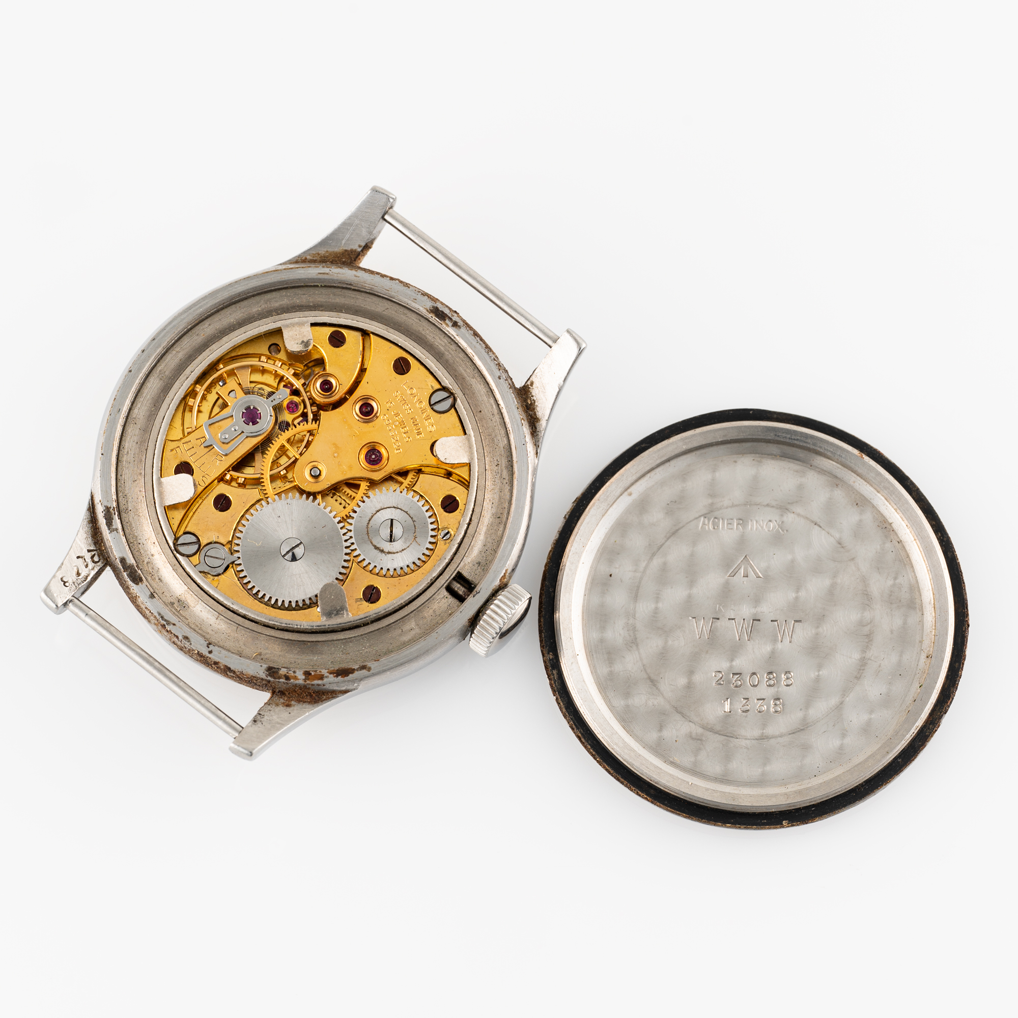 A GENTLEMAN'S STAINLESS STEEL BRITISH MILITARY LONGINES W.W.W. WRIST WATCH CIRCA 1945, PART OF - Image 8 of 8