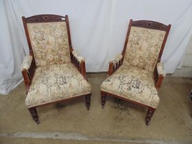 Pair of Edwardian walnut His and Hers open armchairs with floral carved arched cresting rail,