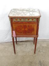 20th century Continental style inlaid marble top bedside table having single drawer with ormolu