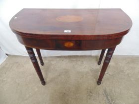 19th century inlaid fold over card table opening to reveal green baized playing surface, standing on