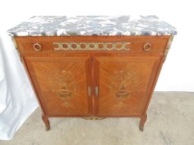 Continental inlaid marble top sideboard with single drawer over two door cupboard base, the doors