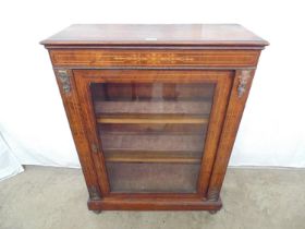 Victorian walnut inlaid credenza with single glazed door opening to two fixed shelves, raised on a