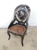 Victorian black lacquered Mother of Pearl inlaid side chair with cane seat (af) having slipper style