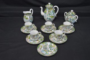 20th century part tea set decorated with scenes of figures to comprise: teapot, milk jug, lidded