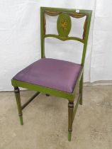 Green painted chair with painted floral decoration to the back, upholstered seat and stretchered