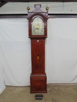 Presbury, Coventry, inlaid mahogany longcase clock having silvered break arched dial with Roman