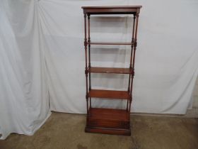 Reproduction mahogany open bookshelves with three fixed shelves supported by turned columns over