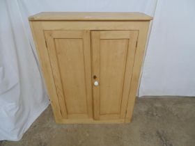 Pine cupboard with two panelled doors enclosing two fixed shelves, plywood back and standing on