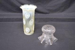 Art Nouveau cylindrical Vaseline glass lampshade with fluted rim 9.25" long together with one