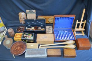 Collection of wooden items etc to include: various boxes, picture stand, book slide and juggling