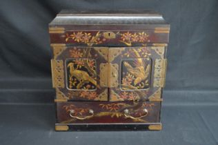 20th century Japanese lacquered table top cabinet - 14" x 15.25" tall Please note descriptions are
