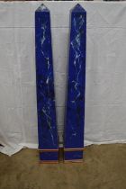 Pair of late 20th century wooden obelisks painted in blue marble effect - 49.25" tall Please note