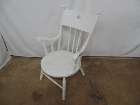 Painted elbow chair with pierced back splat having turned spindles over shaped arms and circular