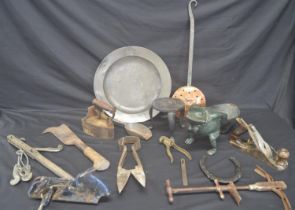 Box containing a quantity of metalware to include: frog planter, bill hook, wood planes and hot coal