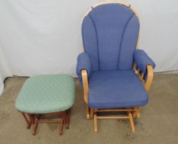 Dutailier beech rocking armchair having a hooped stick back with blue upholstery, 54cm x 56cm x