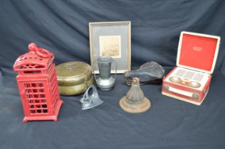 Quantity of sundry items to include: Art Nouveau pewter inkwell, Challenge leather bike saddle, Lady