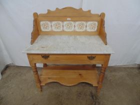 Victorian pine marble topped washstand having tiled back gallery over rectangular white marble