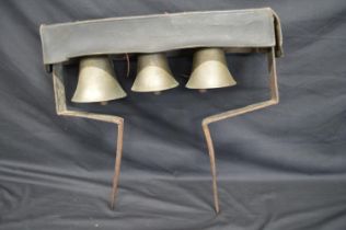 Robert Wells three bell belfry mounted on iron frame with leather cover, one bell marked R Wells and
