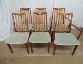 Set of six (two carvers) G Plan Model No. 4540 slatted back dining chairs with pale green