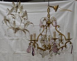 Gilt metal six branch chandelier with glass drops together with one other modern hanging light