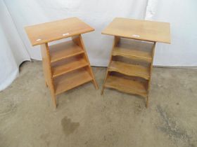 Two near matching hardwood occasional tables in the style of Voysey having square tops over three