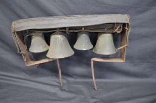 Robert Wells four bell belfry mounted on iron frame with leather cover, one bell marked R Wells, two