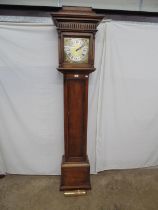 20th century oak longcase clock the brass face having silvered chapter ring with Roman Numerals, the