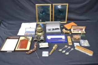 Tray of sundry items to include: two framed bullseye glass panels, Asprey magnifying glass and