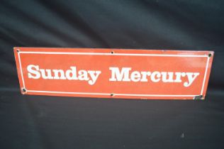 Enamel advertising sign for Sunday Mercury, white letters on a red ground - 48cm x 13cm Please