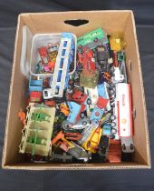 Box of toy cars to include Dinky and Corgi etc, all playworn Please note descriptions are not