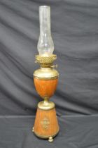 Oak oil lamp having brass mounts, brass font and glass chimney - 67.5cm tall including chimney