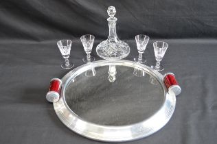 Art Deco two handle circular mirrored serving tray together with small ships decanter and four