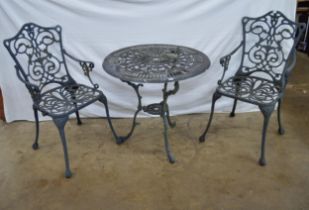 Aluminium garden table and two chairs - table 70cm dia Please note descriptions are not condition