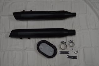 Pair of Harley-Davidson slip on catalyst exhaust silencers, one stamped 64900053 Tenneco H21-011