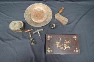 Group of sundry items to comprise: two corkscrews, lead casket, copper dish, lacquered box,
