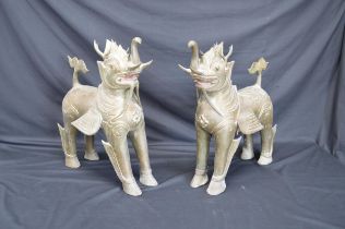 Pair of 20th century bronze Burmese mythical chinthe style temple figures - 49.5cm tall Please