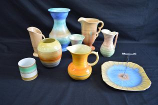Group of Shelley, Sylvac and other ceramics to include a Shelley cake plate, jug, vase and jar etc
