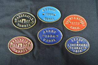 Group of six oval painted brass plaques for: Oxford Canal 1769, Trent & Mersey Canal 1777, Ashby