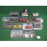 Eleven 007 film characters' cars in plastic scenic display boxes, a Corgi Aston Martin DB5 in