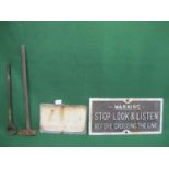 Cast iron Stop Look & Listen sign - 32" x 15.5" x 0.5", a faded enamel Don't Touch Conductor Rails