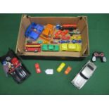 Box of playworn plastic vehicles from: International Products, Marx, Merit, Beeju, Jimson, Minix, OK